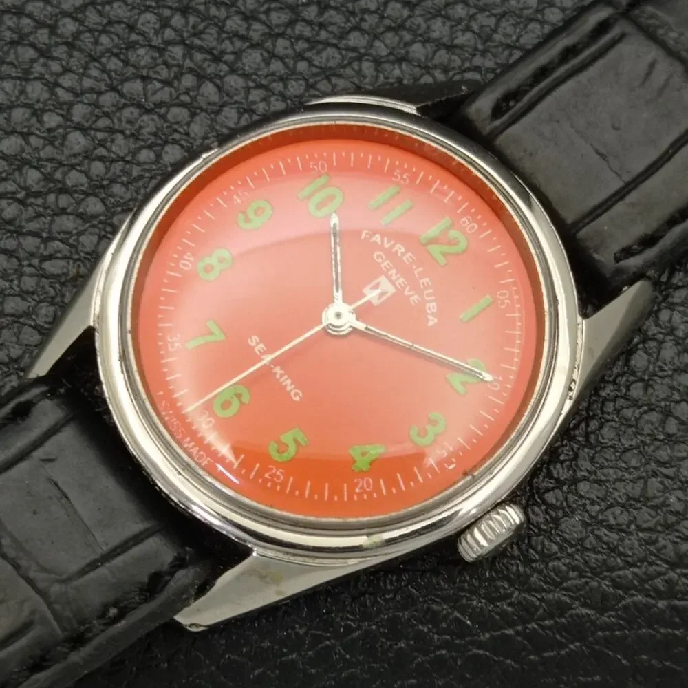 Vintage 1979 Favre Leuba Manual Mens Silver Watch W/Leather Strap